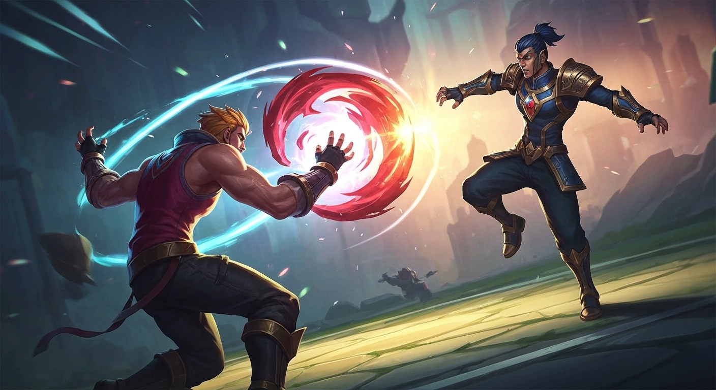 Cena de combate intensa no jogo de luta 2XKO, com personagens de League of Legends em ação.