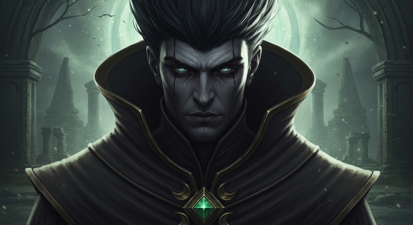 Representação artística de um vilão de RPG complexo e misterioso, com iluminação dramática e uma pose pensativa, ilustrando a profundidade necessária sobre como construir vilões memoráveis.
