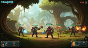 Gameplay de Baladins no Nintendo Switch com heróis interagindo em floresta fantástica.