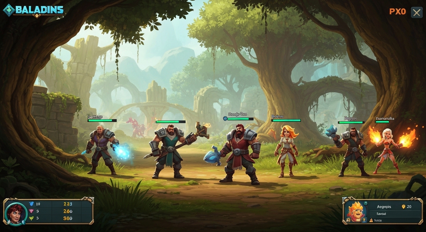 Gameplay de Baladins no Nintendo Switch com heróis interagindo em floresta fantástica.