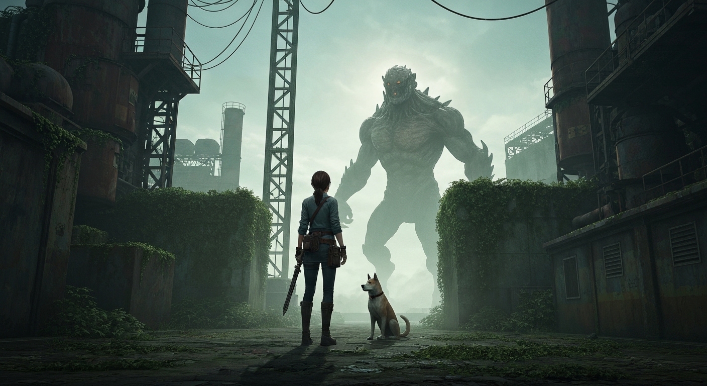 Protagonista Emma e seu cachorro em paisagem pós-apocalíptica no jogo Beast of Reincarnation