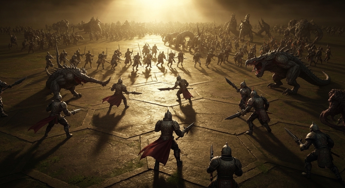 Cena de batalha intensa com cavaleiros e monstros em um campo hexagonal no jogo Brigandine Abyss.