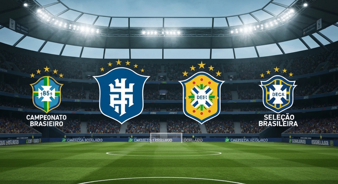 Brasileirão licenciado em game de futebol virtual da Konami com logos da CBF e Seleção Brasileira.