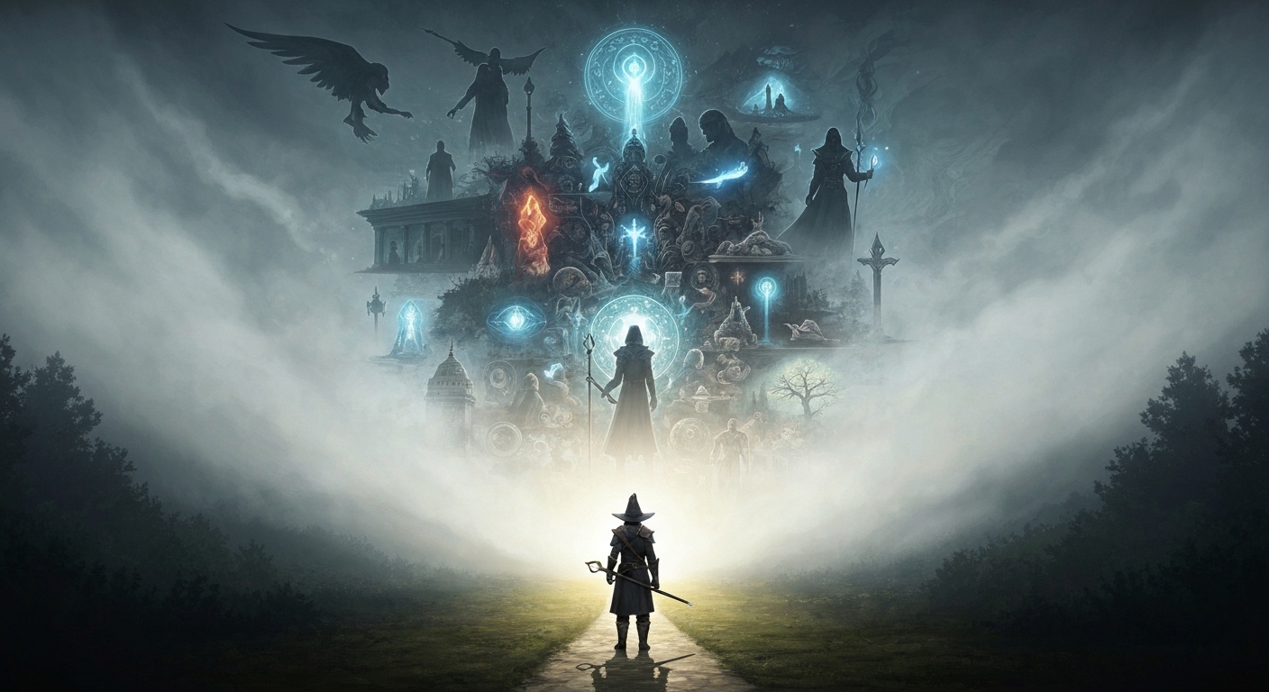 Imagem fantástica de um aventureiro de RPG olhando para seu passado complexo e misterioso, simbolizando como criar um backstory envolvente para um personagem com profundidade.