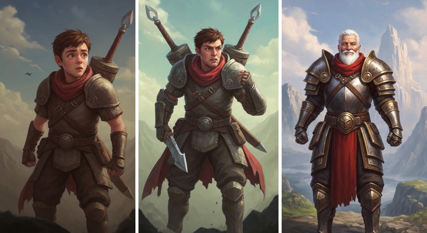 Representação visual da evolução de personagem de RPG, mostrando um aventureiro jovem transformando-se gradualmente em um herói experiente ao longo de uma jornada épica e desafiadora.