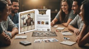 Manual aberto do jogo de RPG Daggerheart sobre uma mesa com dados D12 e amigos jogando ao fundo.