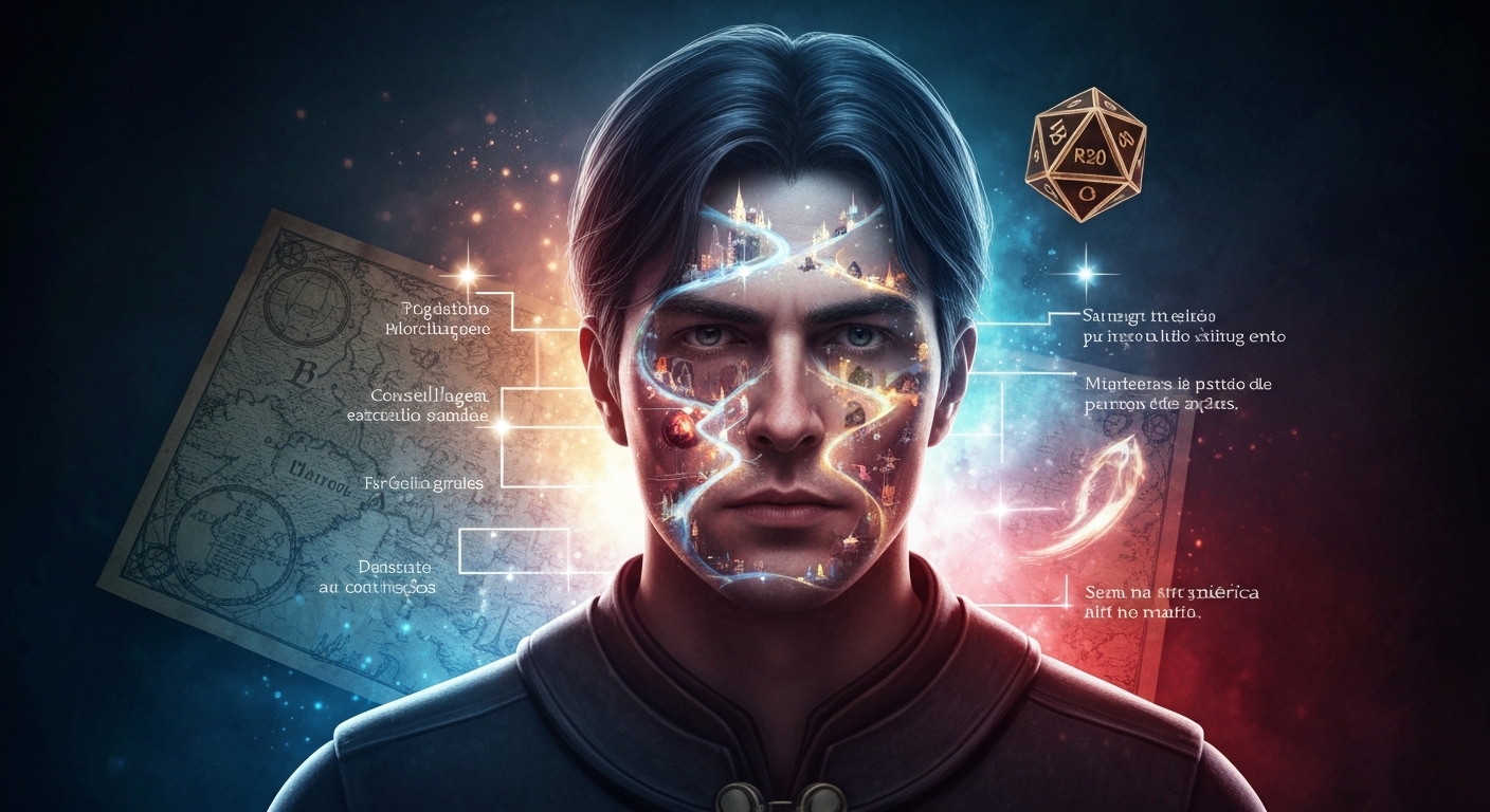 Imagem abstrata e simbólica de uma silhueta de personagem de RPG preenchida com engrenagens e constelações, ilustrando a profundidade e o processo de desenvolvendo personalidade de RPG.