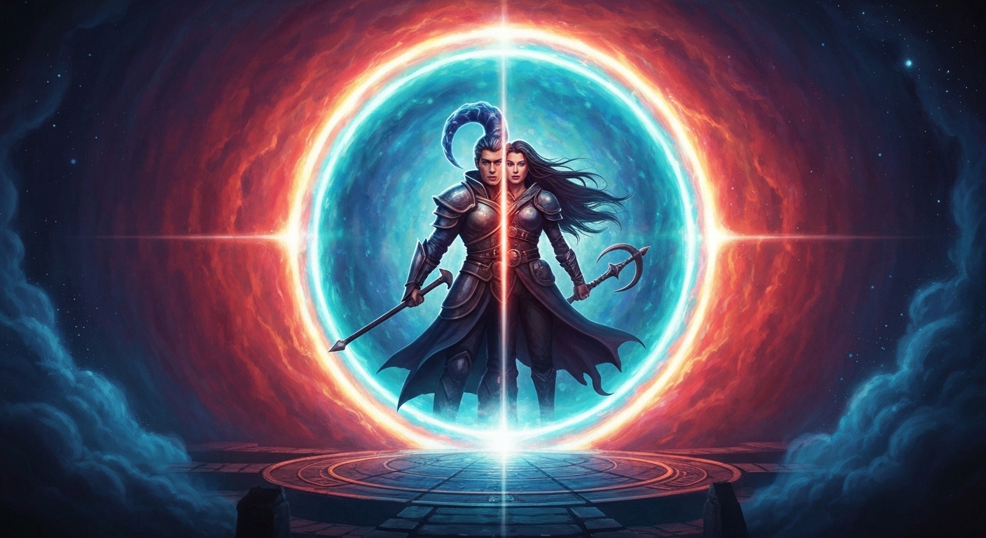 Arte digital fantástica mostrando a fusão de diferentes arquétipos de personagens e elementos de raças, representando a escolha estratégica e a otimização ao escolhendo classe e raça RPG.