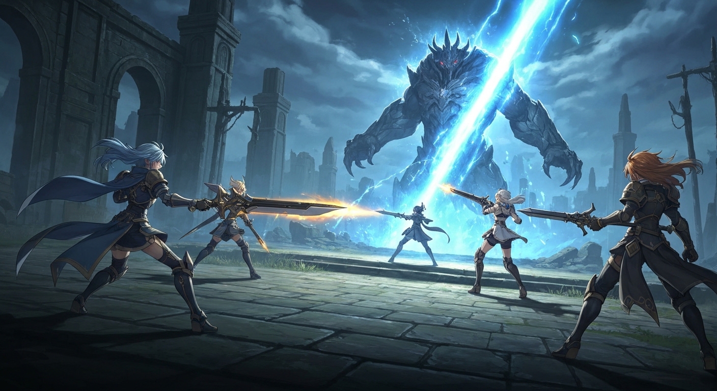 Cena de batalha épica em Granblue Fantasy: Relink – Endless Ragnarok com personagens lutando contra um monstro gigante sob um céu tempestuoso.