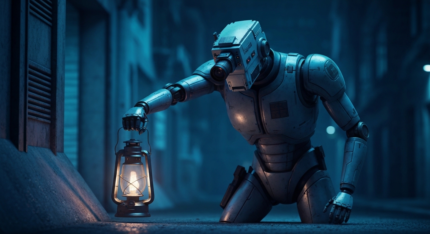 Robô detetive Gun Nose em cena de investigação em uma cidade futurista sombria, com iluminação neon.