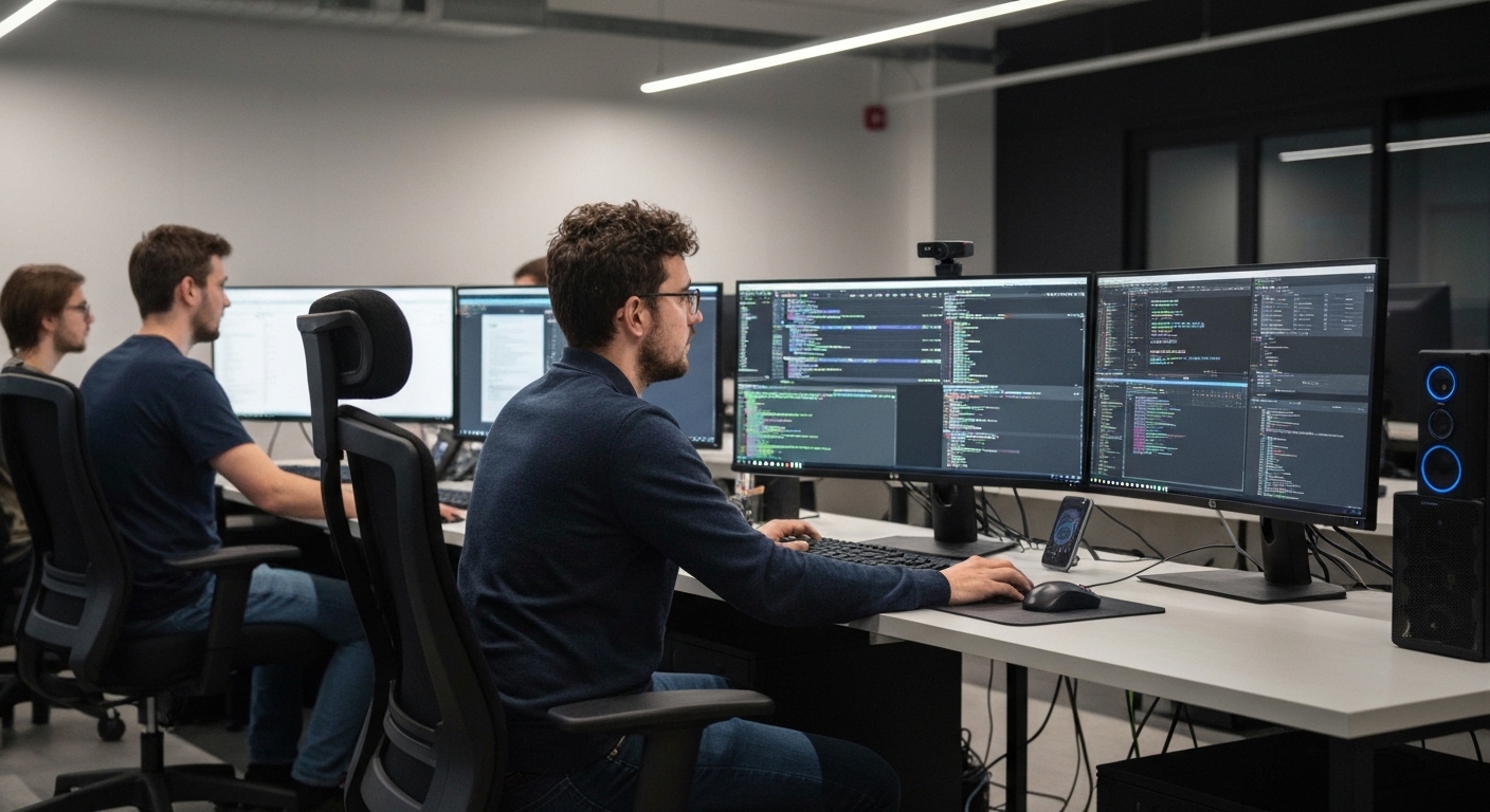 Desenvolvedores trabalhando em um estúdio de games com múltiplos monitores e interfaces complexas.