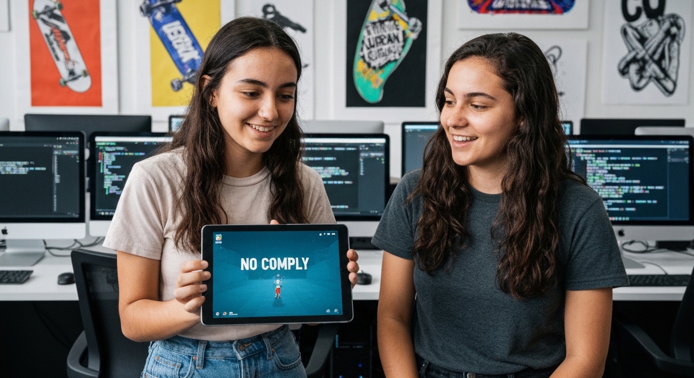 Irmãs Gabriela e Mariana Barbosa, criadoras do jogo de skate brasileiro 'No Comply', em seu estúdio de desenvolvimento.