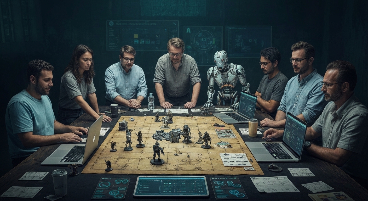 Grupo de humanos e robôs jogando RPG juntos em uma mesa.