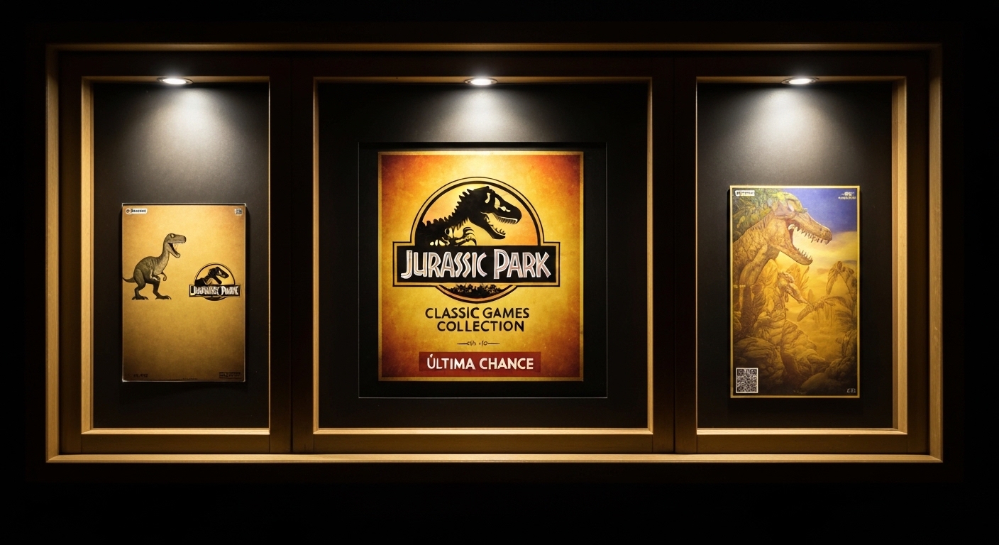 Capa da Jurassic Park Classic Games Collection em destaque em uma loja digital com aviso de remoção.