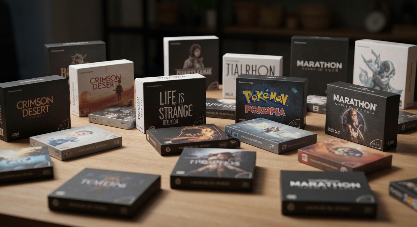 Coleção de caixas de lançamentos de jogos de videogame de março de 2026.