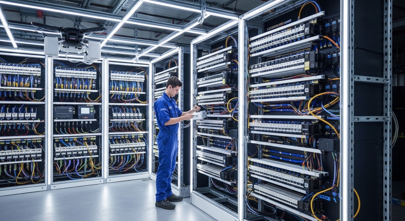 Data center moderno com servidores de alta tecnologia e iluminação azul e verde