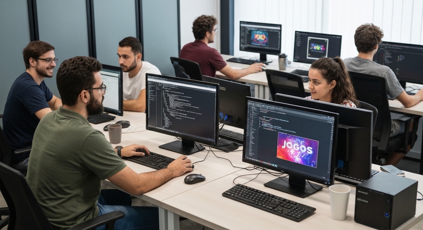 Equipe de desenvolvedores de jogos trabalhando em um estúdio moderno no Paraná.