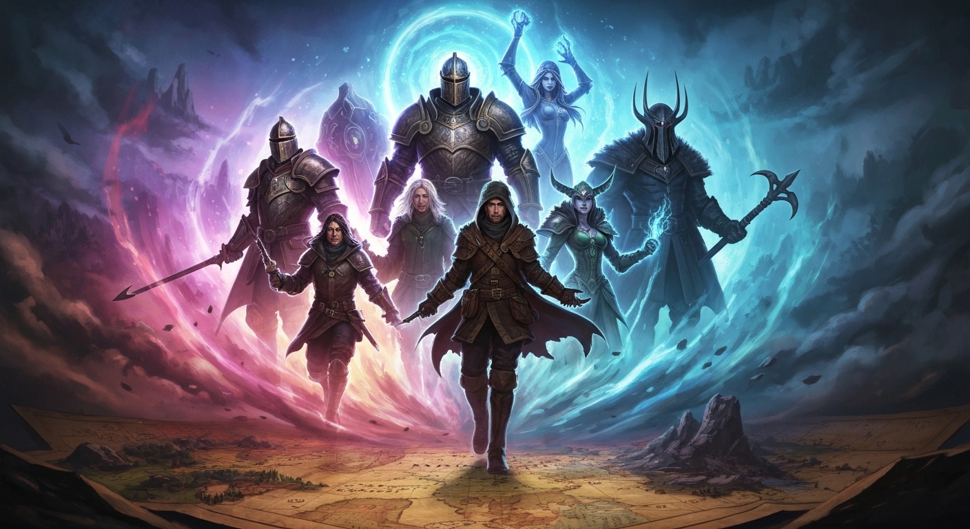 Grupo diversificado de personagens de RPG épicos, incluindo um cavaleiro, uma maga e um vilão, surgindo de um portal mágico para ilustrar a criação de figuras inesquecíveis em RPGs.