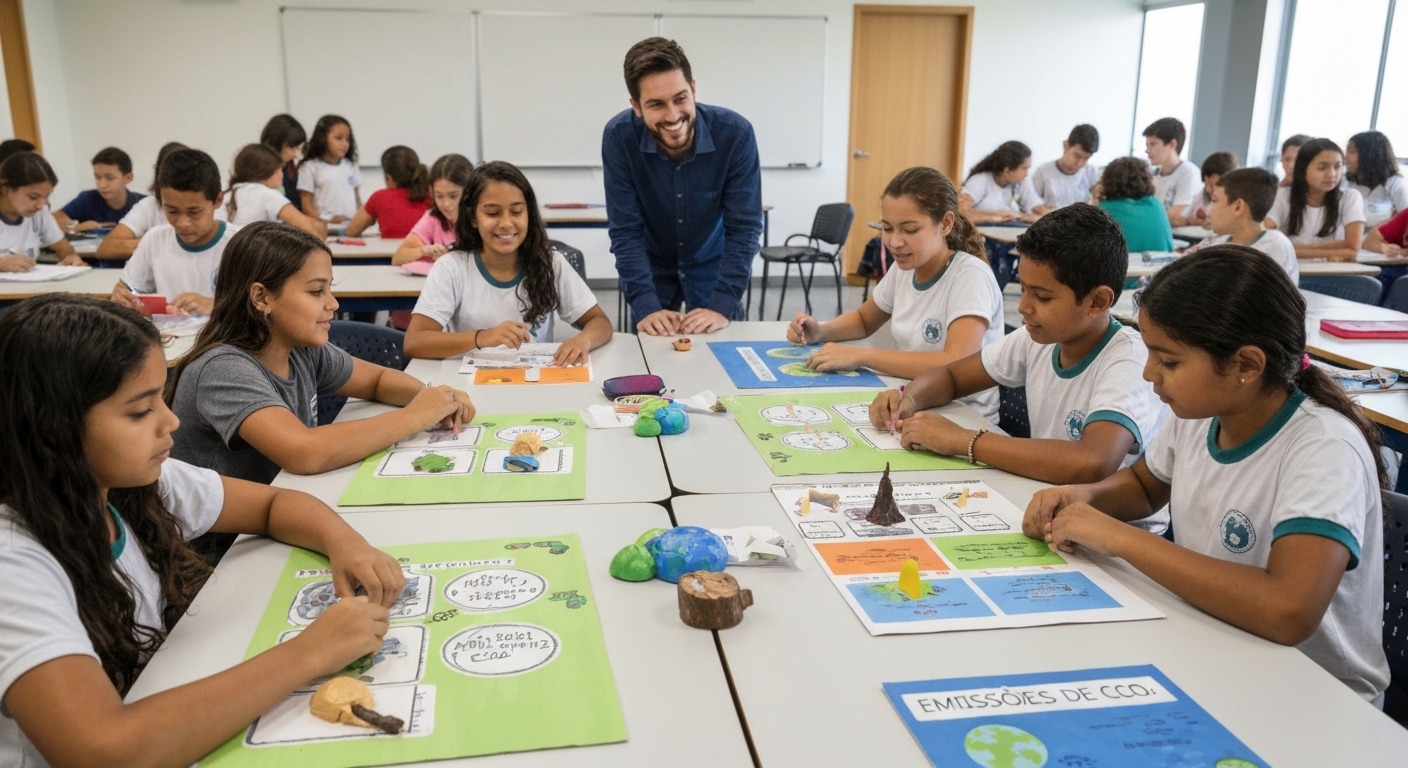 Estudantes do ensino fundamental jogam jogos didáticos sobre educação ambiental e climática em sala de aula.