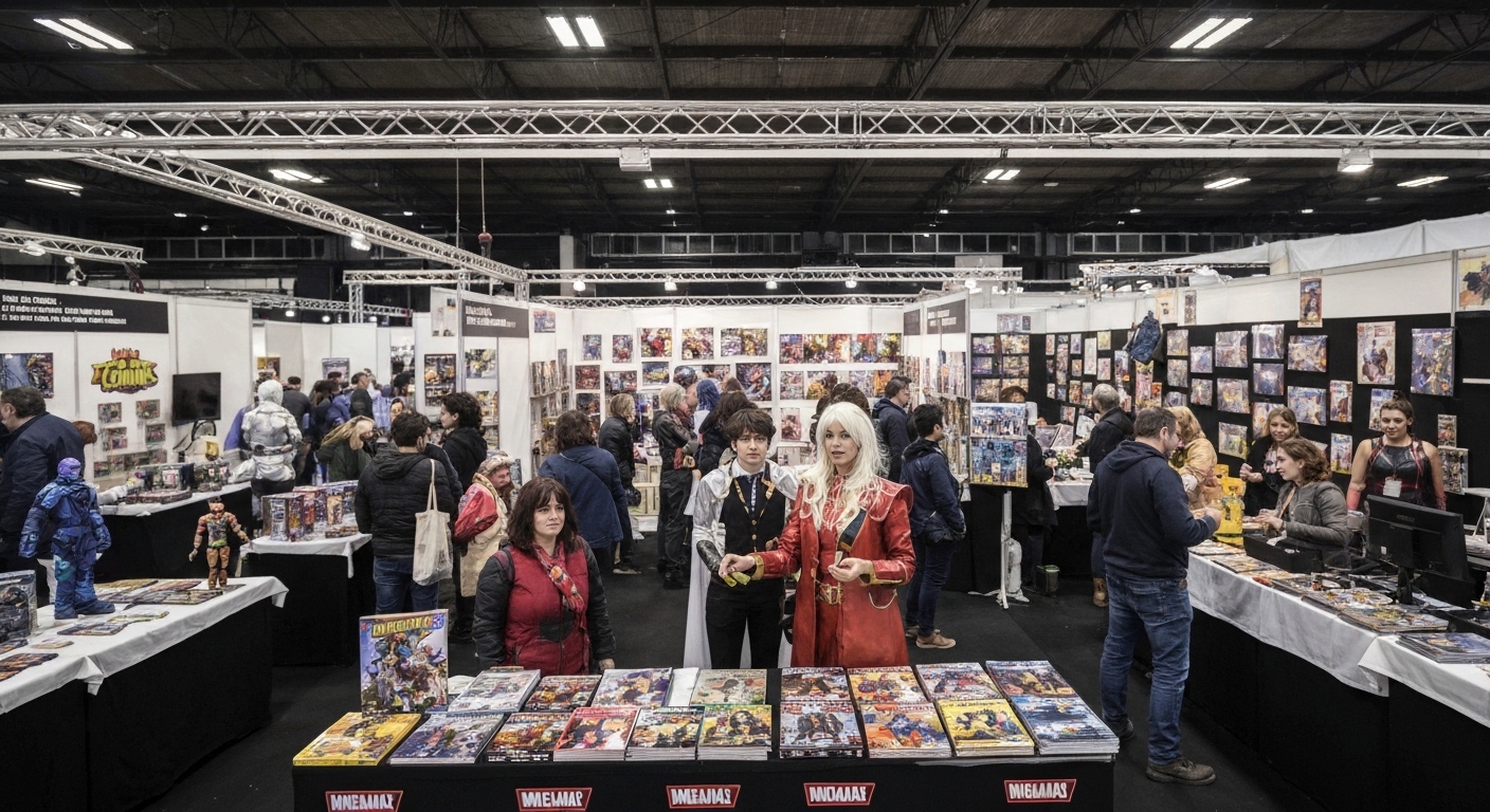 Público e expositores no evento Pisa PLAY COMICS celebrando cultura pop, jogos e quadrinhos na Toscana.