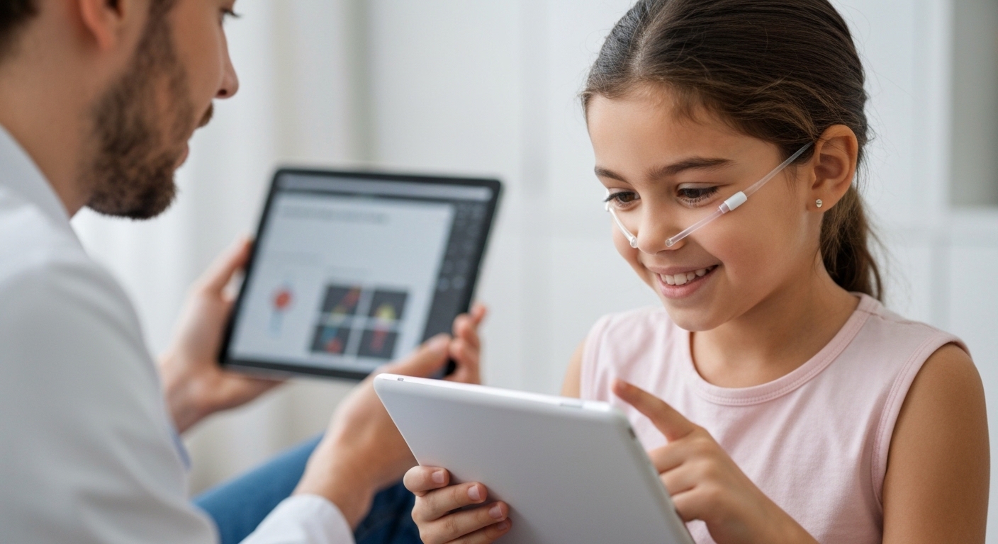 Criança com sensor biométrico jogando videogame para controle de emoções.