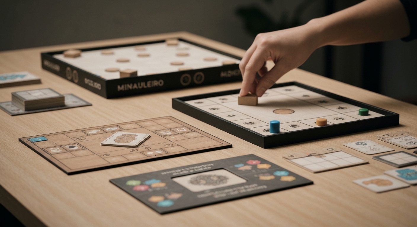 Mesa com jogos de tabuleiro modernos, peças em movimento, evidenciando diversão e aprendizado.