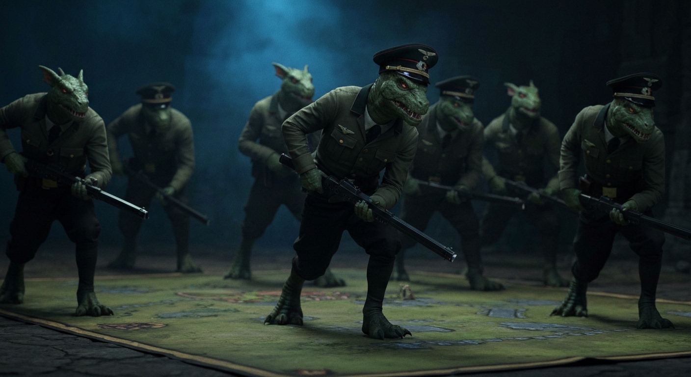 Unidade de répteis fascistas em formação tática em um jogo de RPG.
