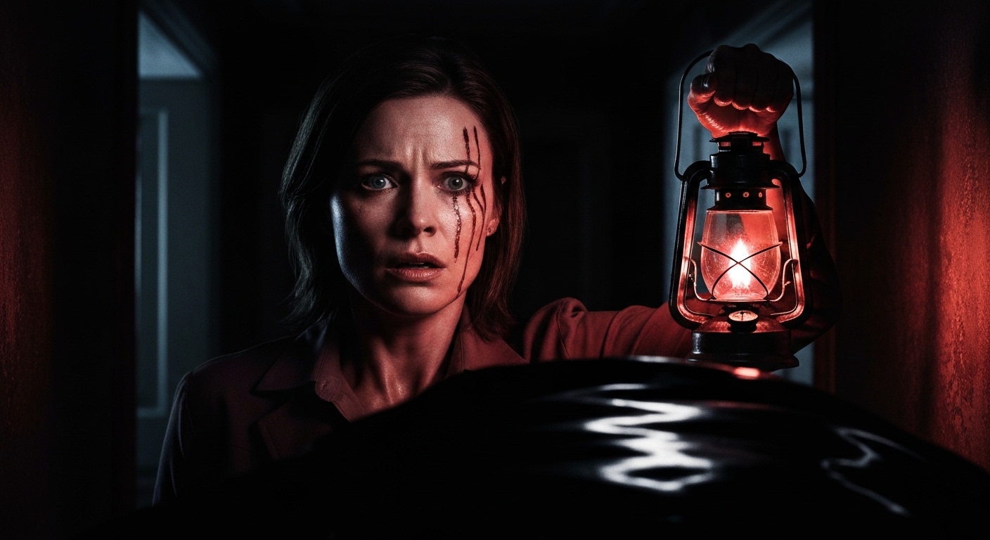 Agente Grace Ashcroft em corredor escuro de Resident Evil Requiem, iluminada por lanterna, expressando terror e vulnerabilidade.