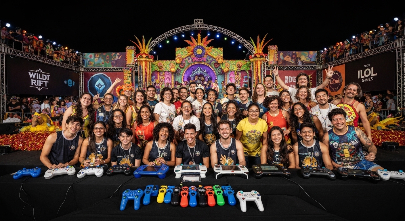 Pessoas festejando em um evento de Carnaval temático de jogos da Riot Games.