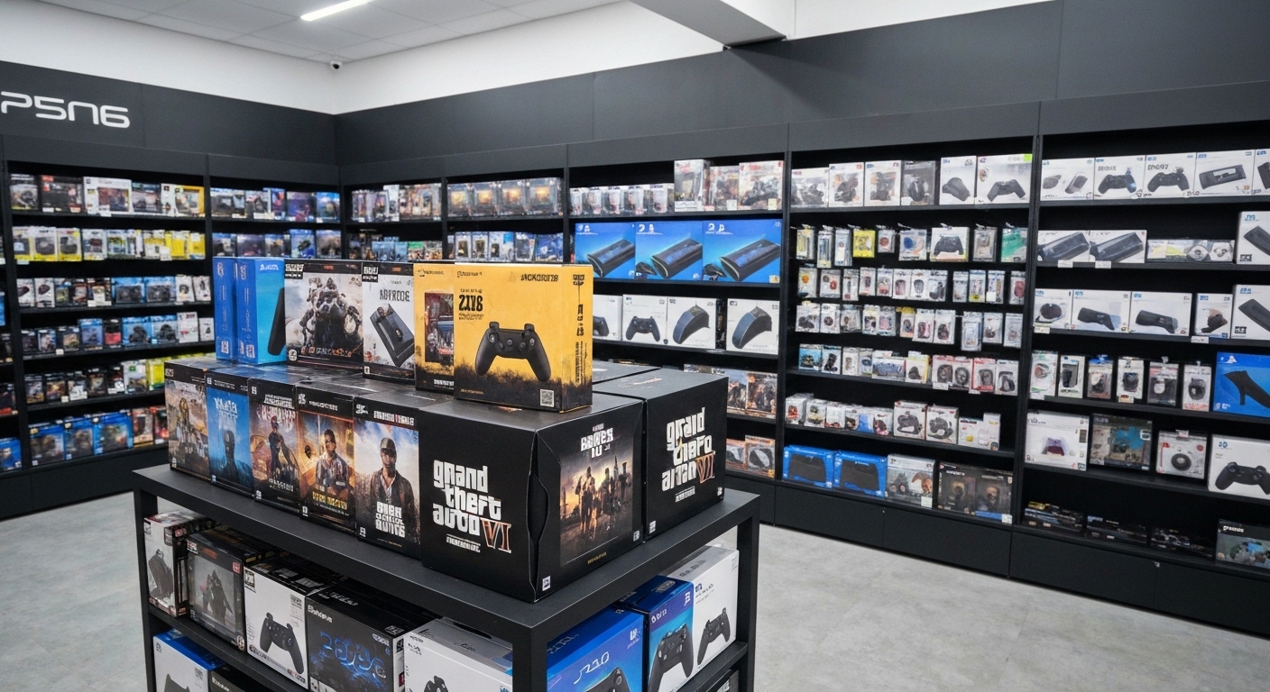 Estante de loja de videogames com caixas de Grand Theft Auto VI e destaque para o ano 2026.