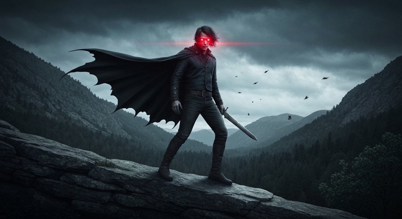 Personagem híbrido humano-vampiro em vale montanhoso à noite, pronto para ação.