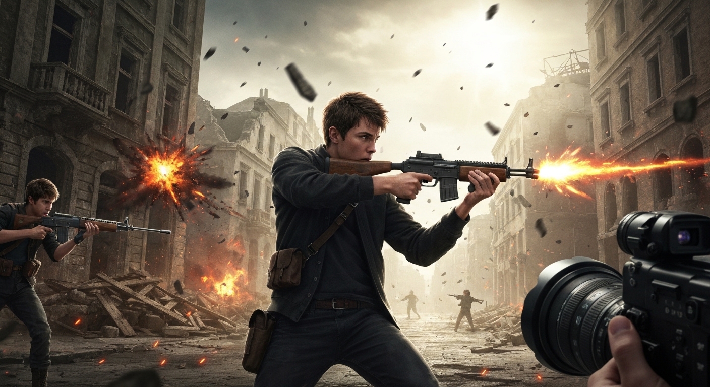 Cena de combate intensa no videogame Saros com protagonista usando arma de energia e cenário apocalíptico com eclipse.