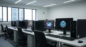 Escritório vazio de estúdio de desenvolvimento de videogames após anúncio de fechamento.