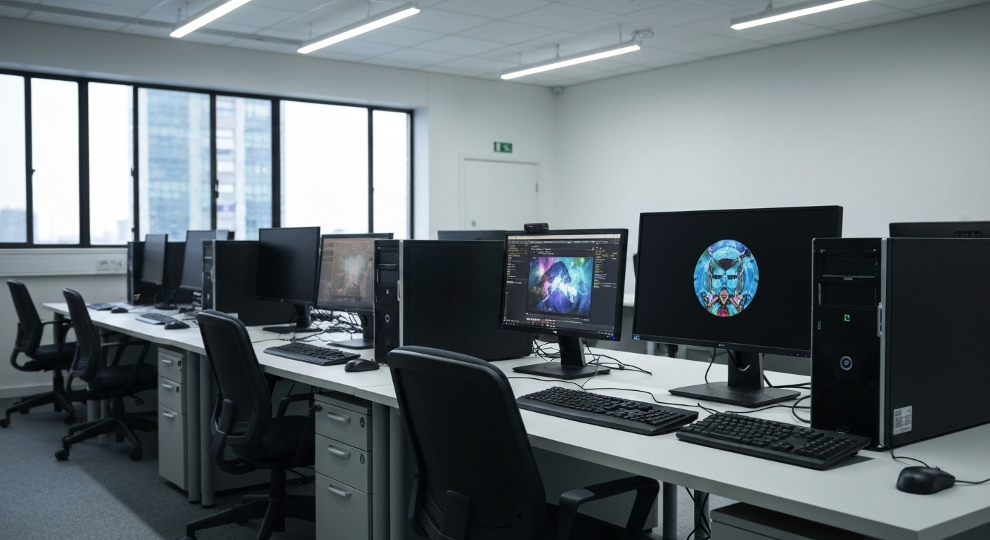 Escritório vazio de estúdio de desenvolvimento de videogames após anúncio de fechamento.