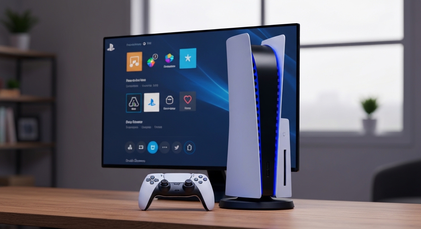 Console PlayStation 5 exibindo interface de podcast com IA