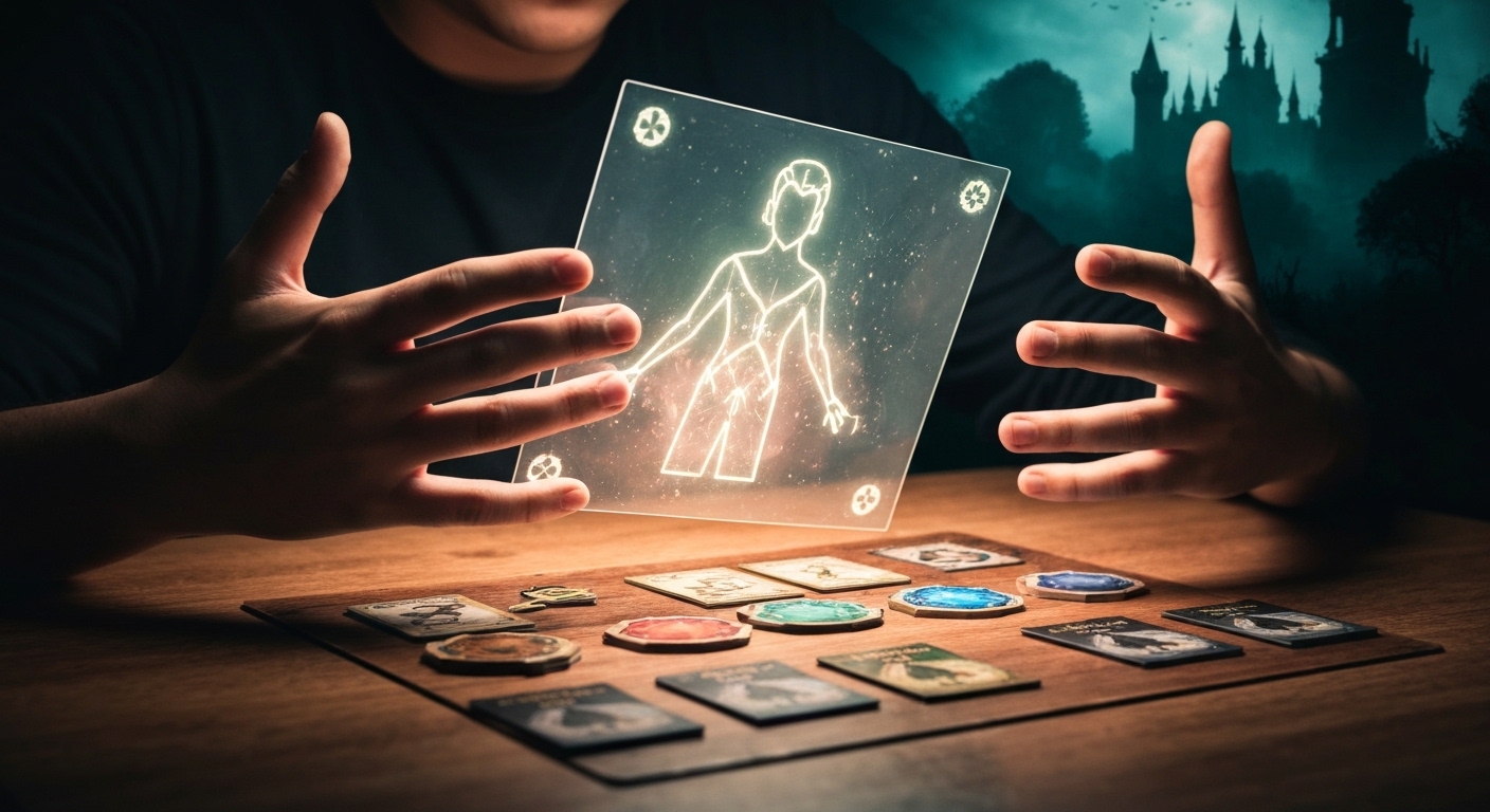 Mãos de jogador gesticulando sobre uma ficha de personagem de RPG iluminada por aura mágica e dados, com cenário de fantasia ao fundo, ilustrando técnicas para interpretar RPG.