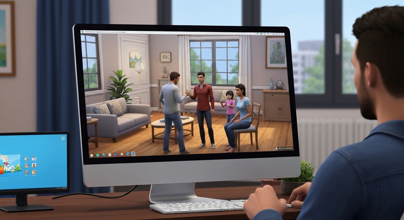 Cena de 'The Sims 4' mostrando uma família virtual em sua casa.
