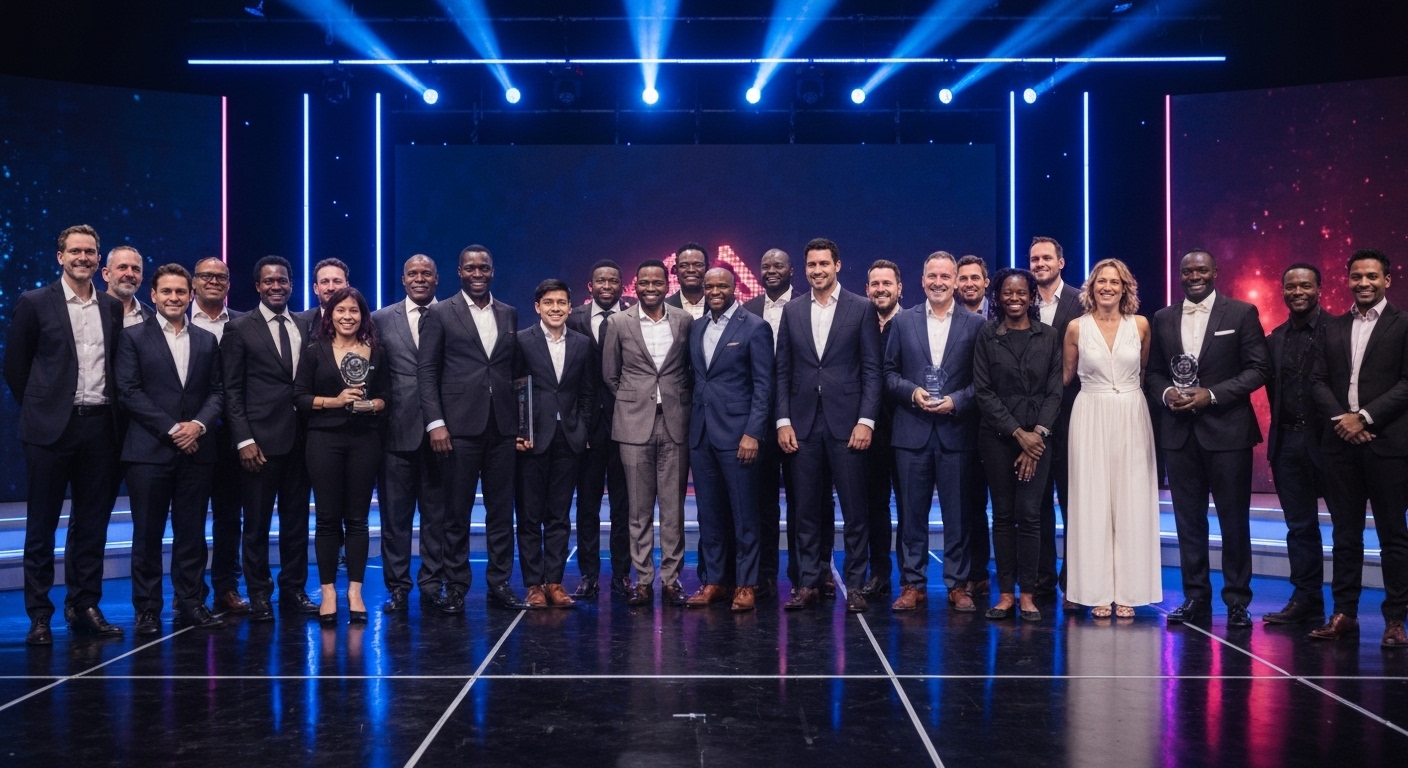 Profissionais negros celebrando no palco dos BIG Awards 2026, reconhecidos por suas contribuições à indústria de games.