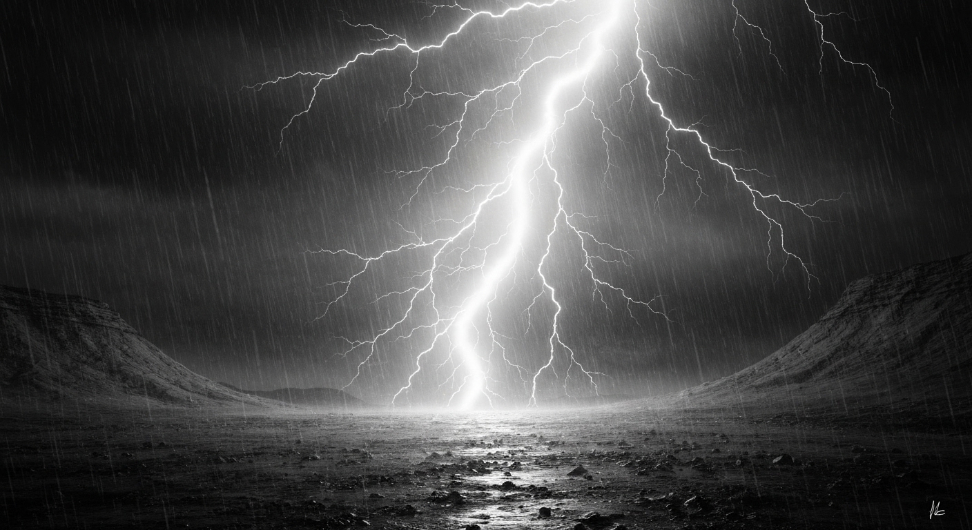 Cena noturna chuvosa em Crimson Desert, destacando efeitos realistas de partículas de água e reflexos.