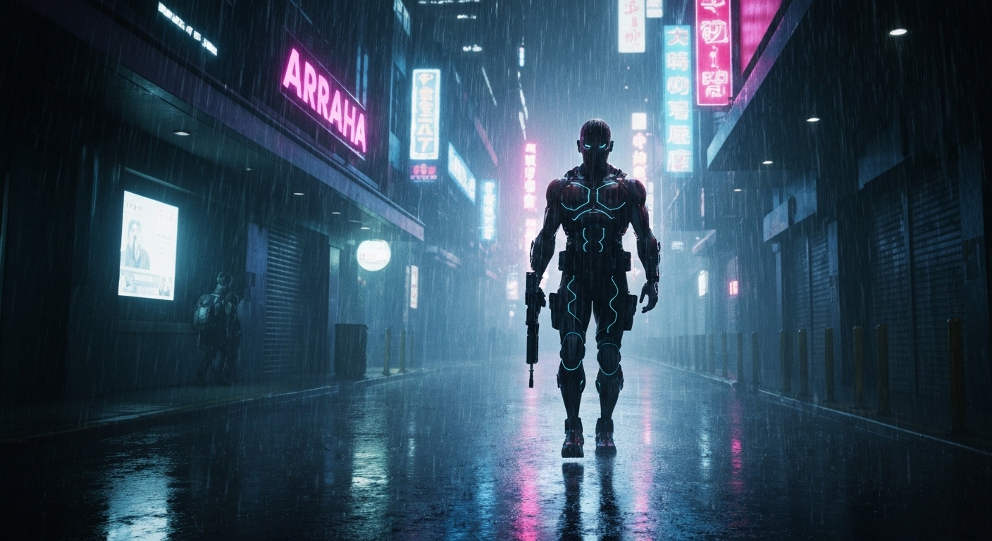 Cena urbana futurista de Night City com personagem cibernético sob chuva e luzes de neon.