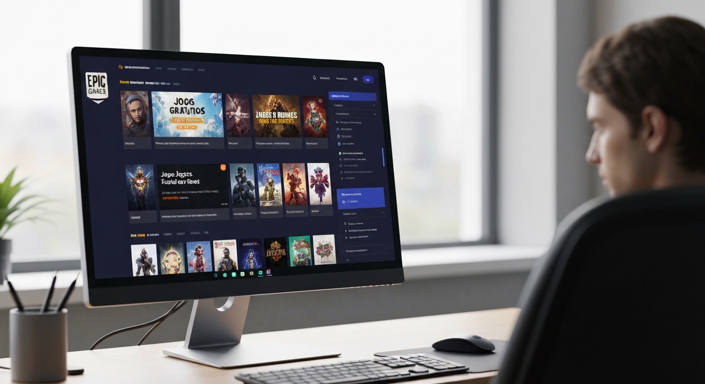 Interface da Epic Games Store exibindo jogos gratuitos em um monitor de PC.