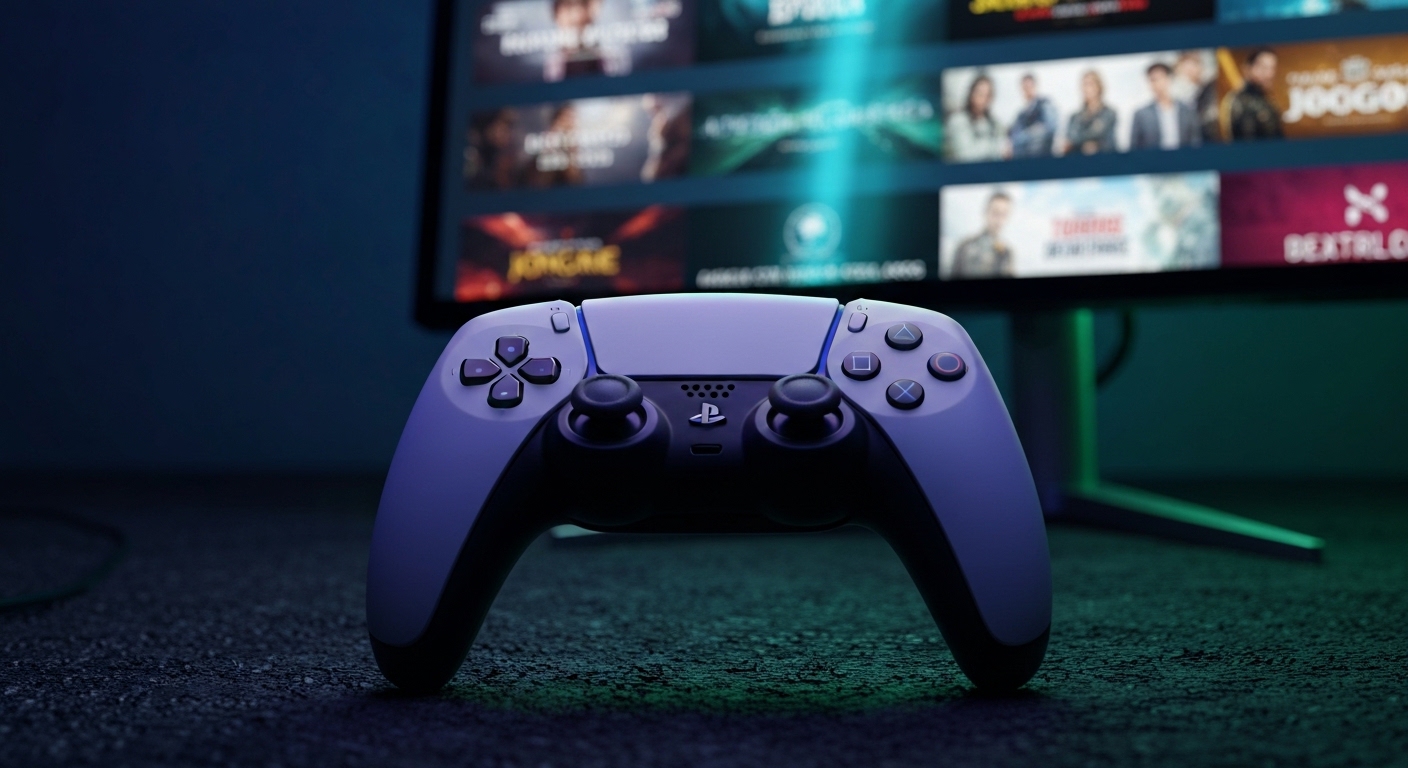 Controlador de PS5 com trailers de jogos do Future Games Show 2026 ao fundo.