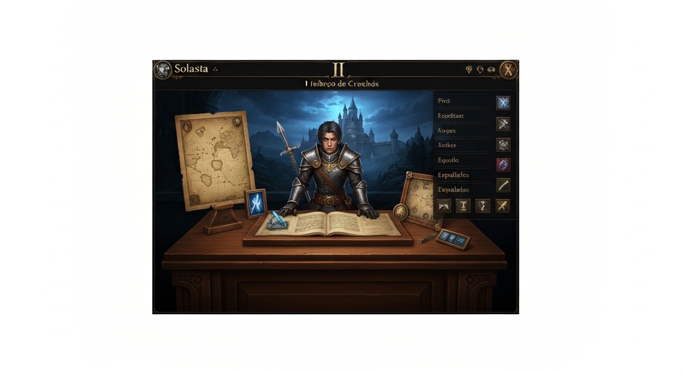 Menu de criação de personagem do RPG Solasta II com temática de fantasia medieval.